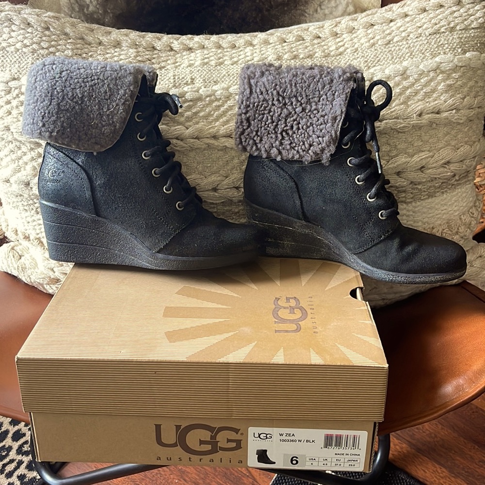 Preowned UGG Shearling Lined Wedge boots. Waterproof suede with rubber sole.